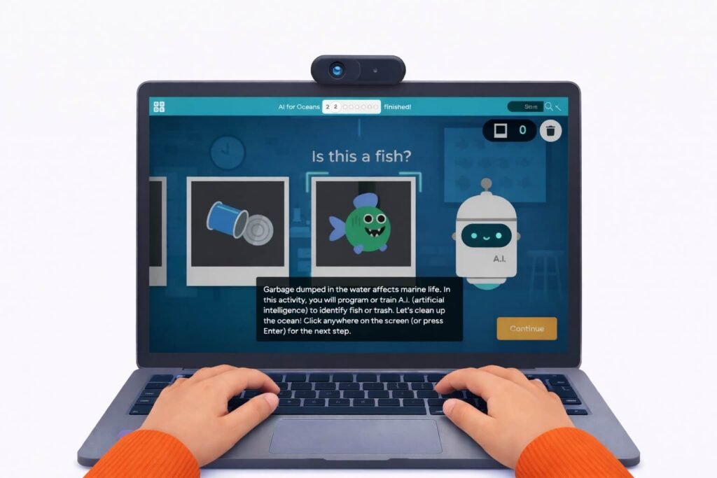 Kid sorting fish from trash in Code.org AI for Oceans machine learning activity