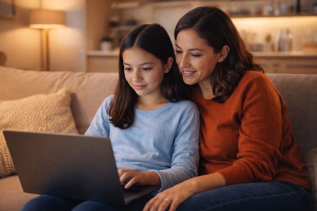 Mother and daughter on a couch lookng at a laptop