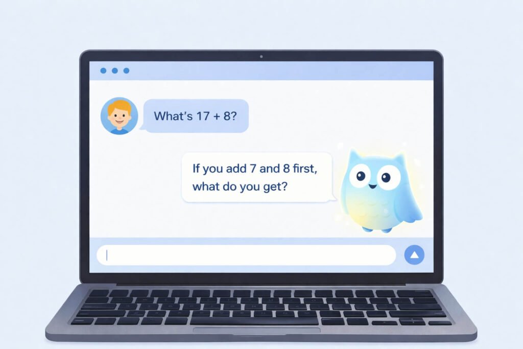 Khanmigo AI tutor guiding a child through a math problem with a Socratic question instead of giving the answer