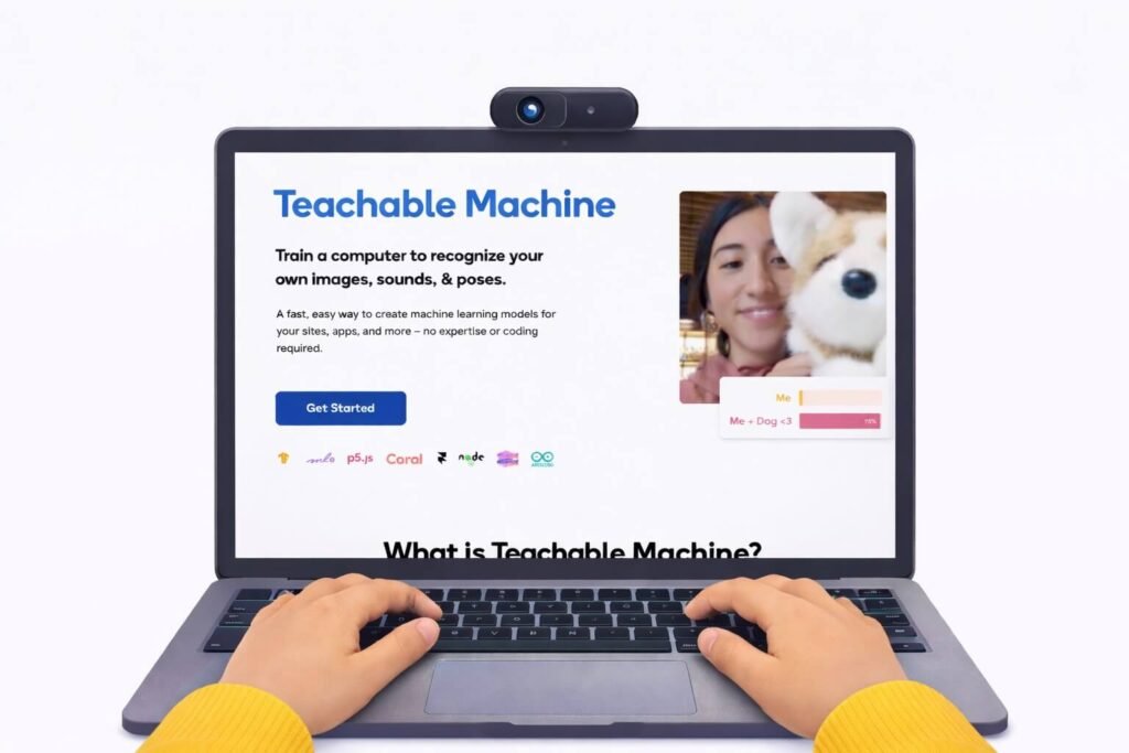 Child training an image classifier in Google Teachable Machine with webcam categories for dog and girl