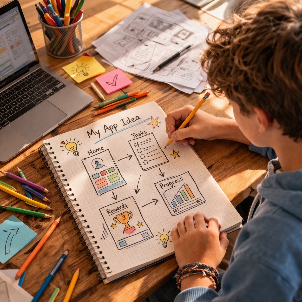 Kid brainstorming an AI-powered business idea in a notebook
