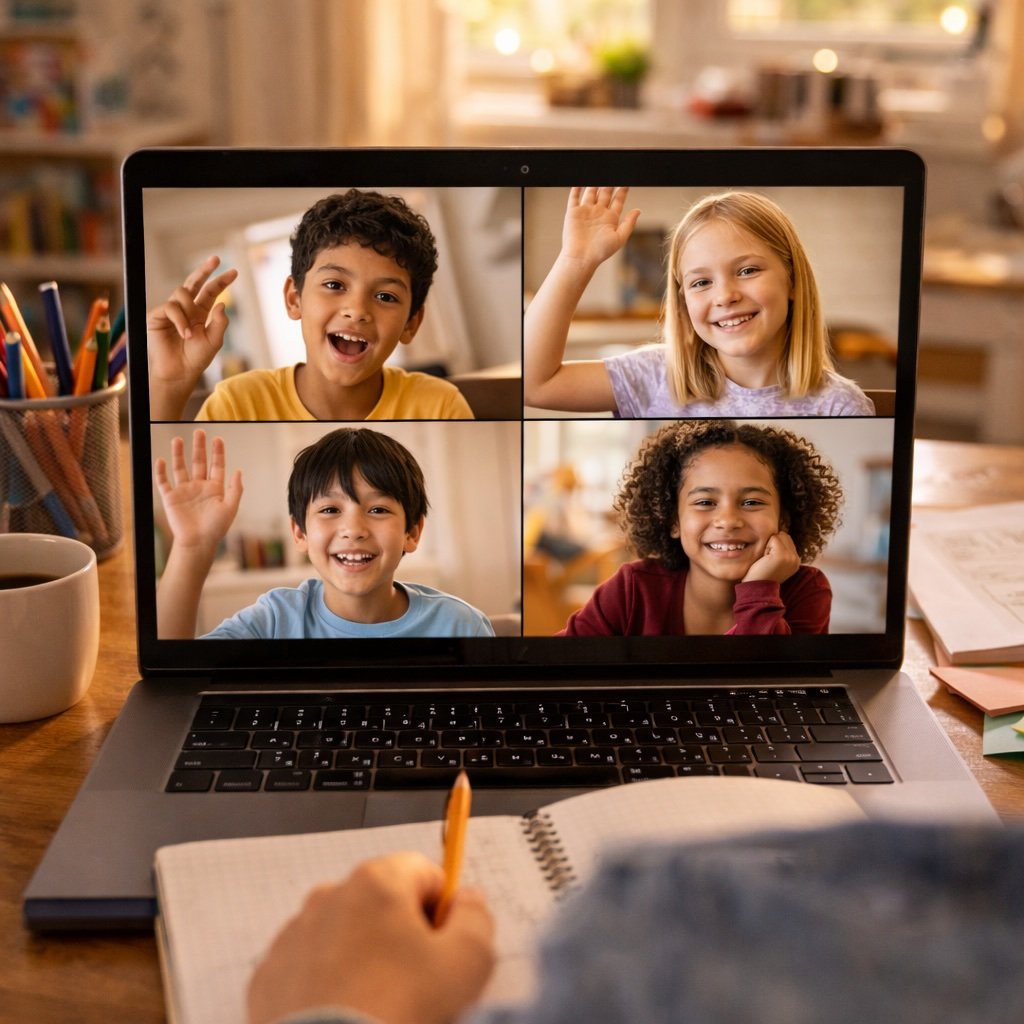 Kids in a live online class learning AI and entrepreneurship skills