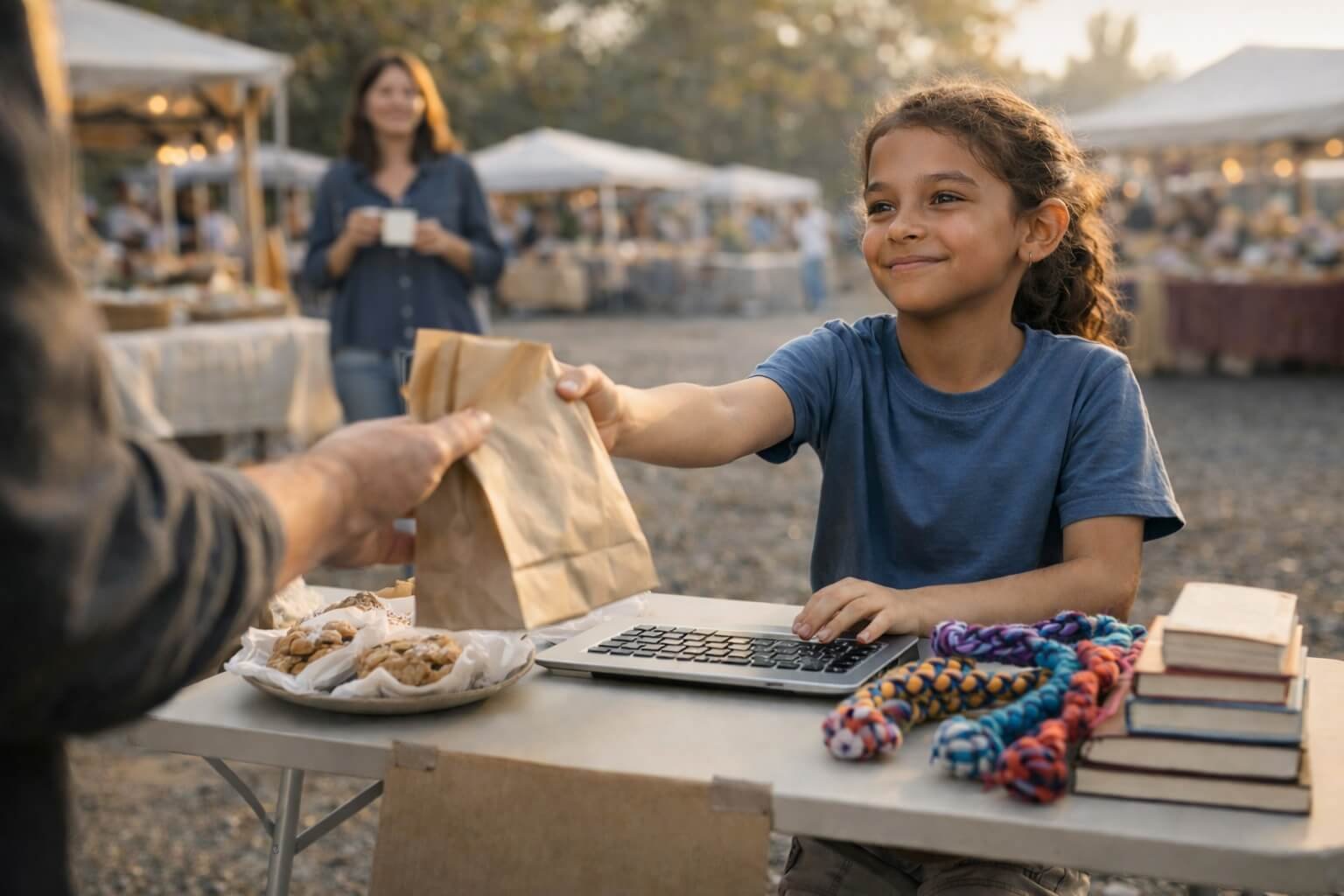 A ten-year-old runs a market table selling handmade goods, one of the real kid business ideas that work in 2026.