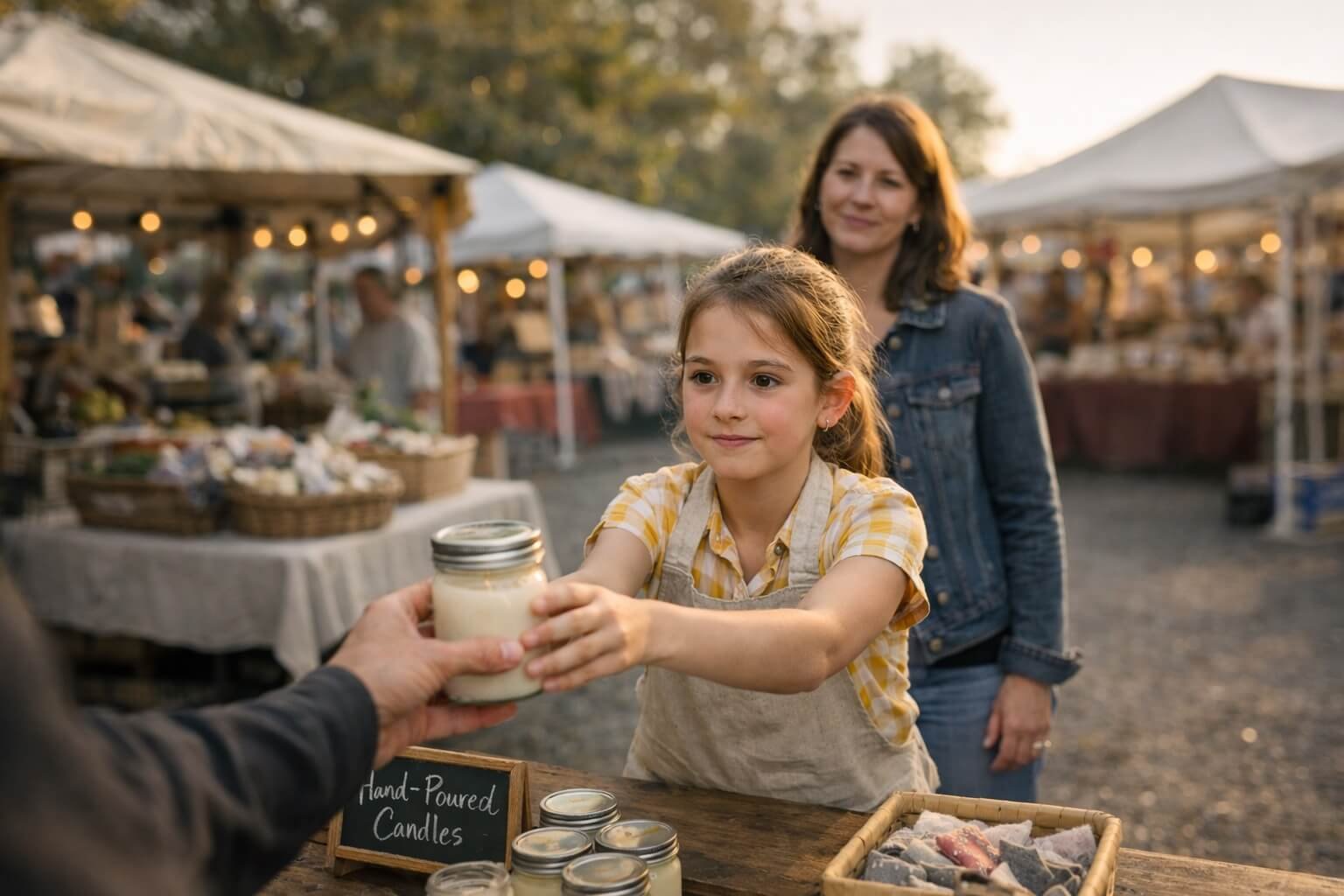 Young girl selling homemade candles at a market, showing skills AI can't replace in kids like nerve and presence