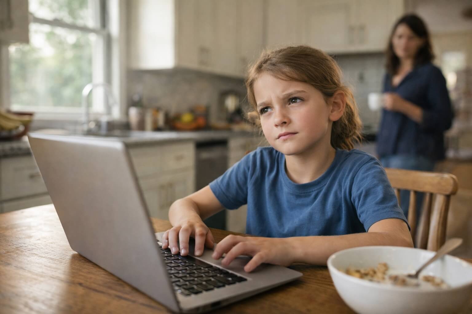A ten-year-old pauses at a laptop before believing an AI answer, modeling AI literacy for kids at home.