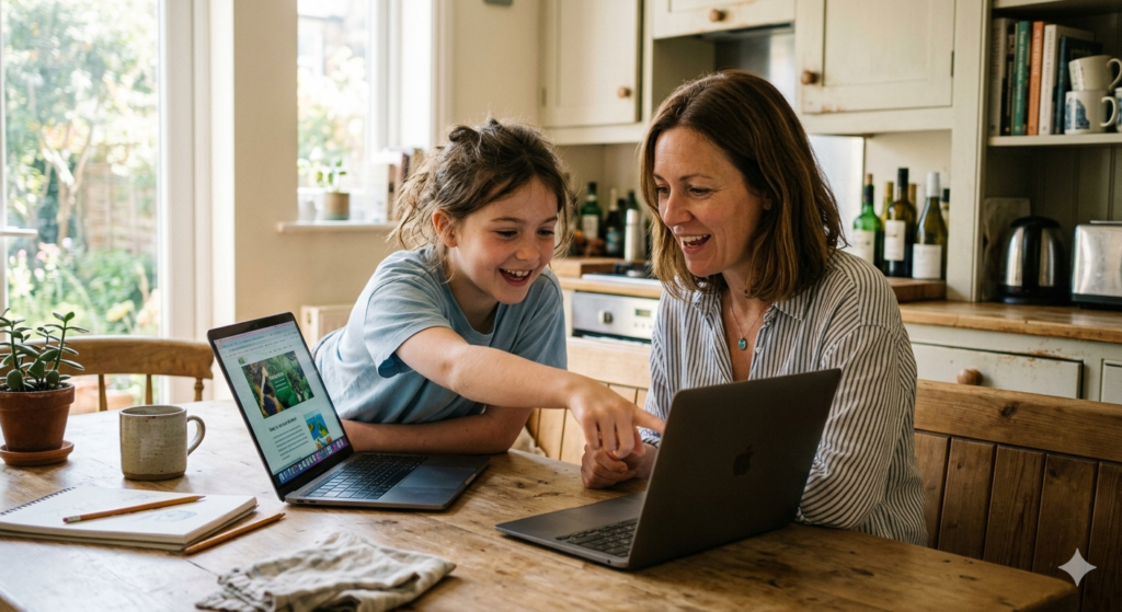 Parent and child exploring AI tools together at home