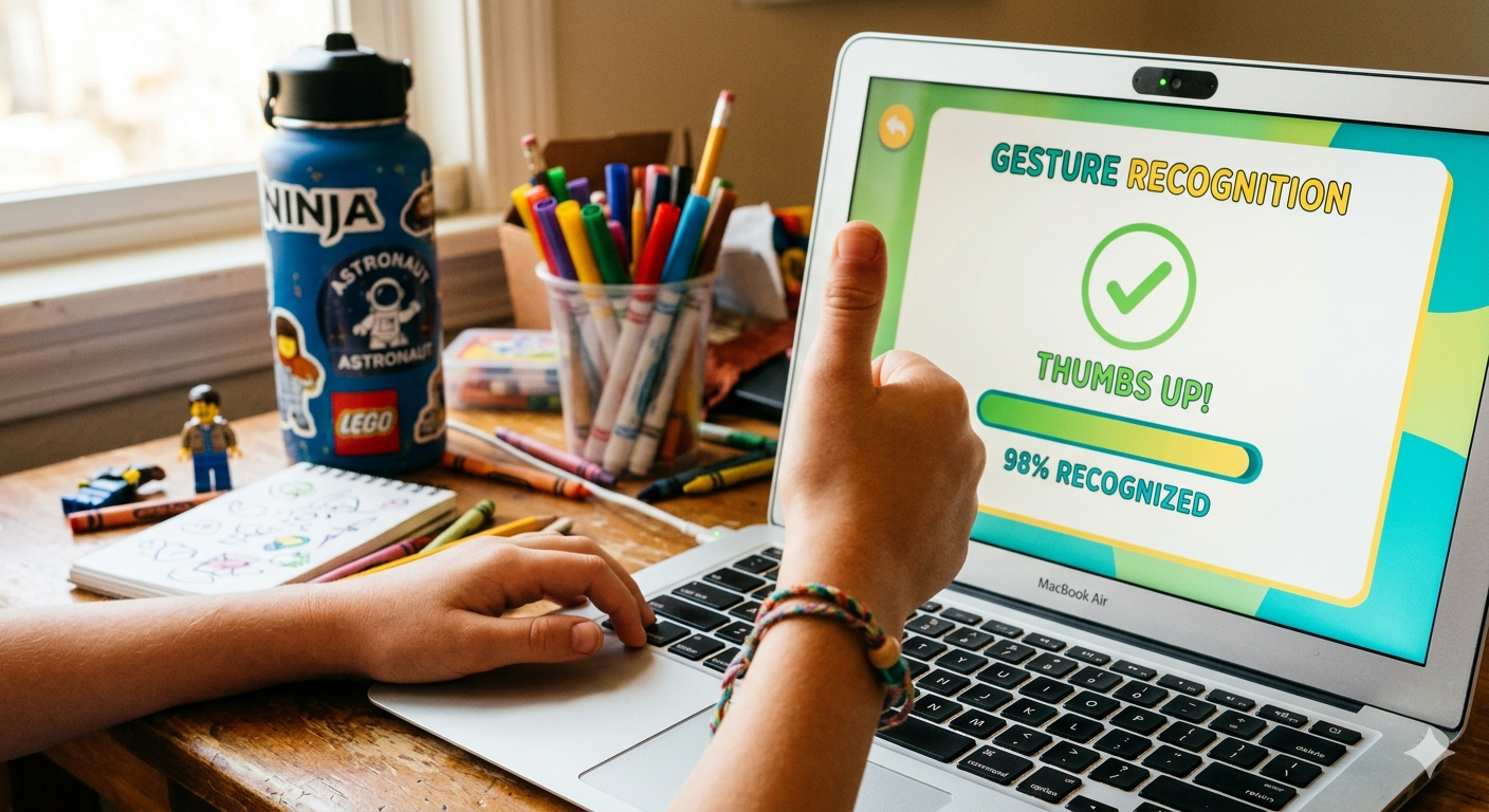 hild training an AI model with hand gestures using Google Teachable Machine
