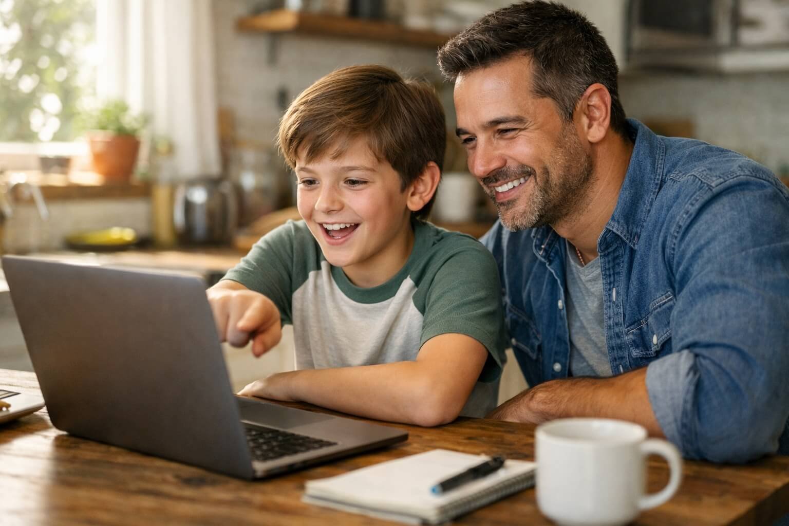 Father and son sitting together at a kitchen table exploring AI tools for kids on a laptop