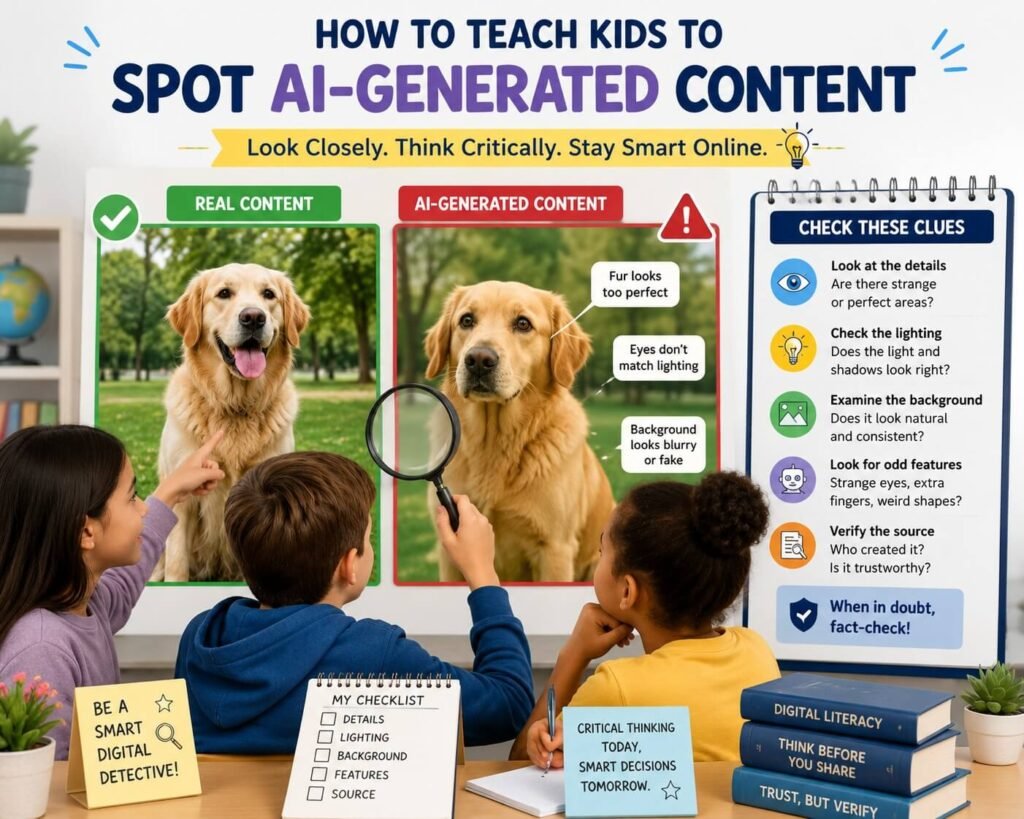 Educational classroom-style image showing children comparing real and AI-generated dog photos on a large board, using a checklist to spot clues like strange details, lighting, background, odd features, and source credibility.