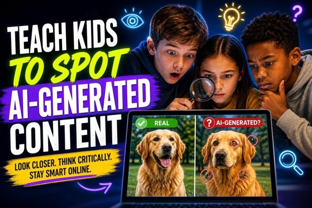Three kids use a magnifying glass to examine real and AI-generated dog images on a laptop, with bold text about spotting AI-generated content.