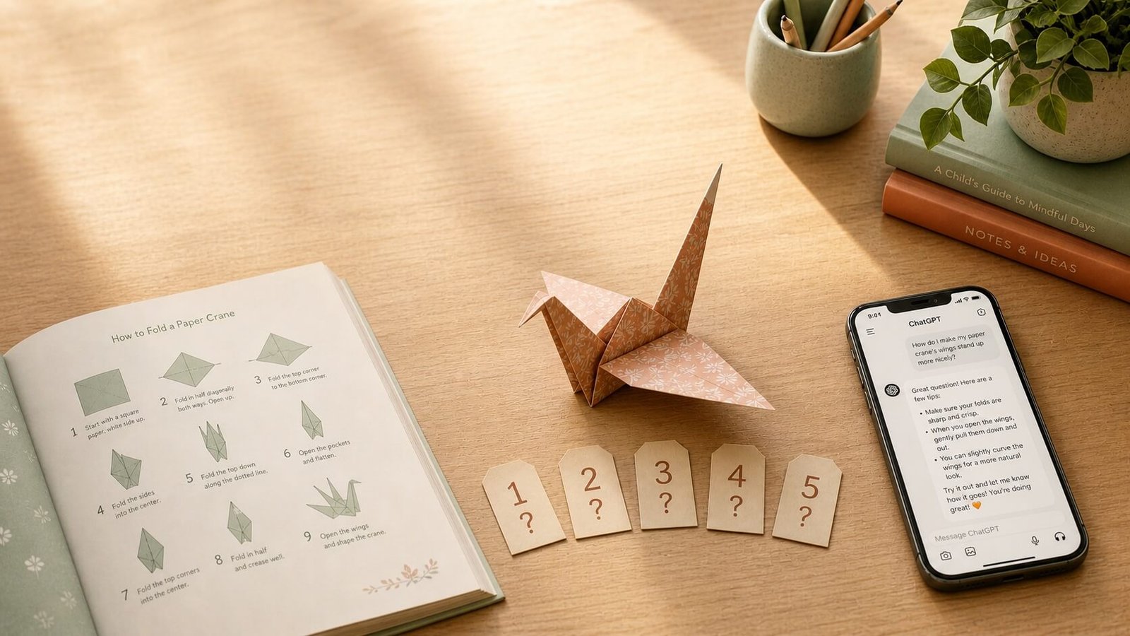Paper crane and origami book beside a phone with five numbered question tags, illustrating questions to ask kids about AI.