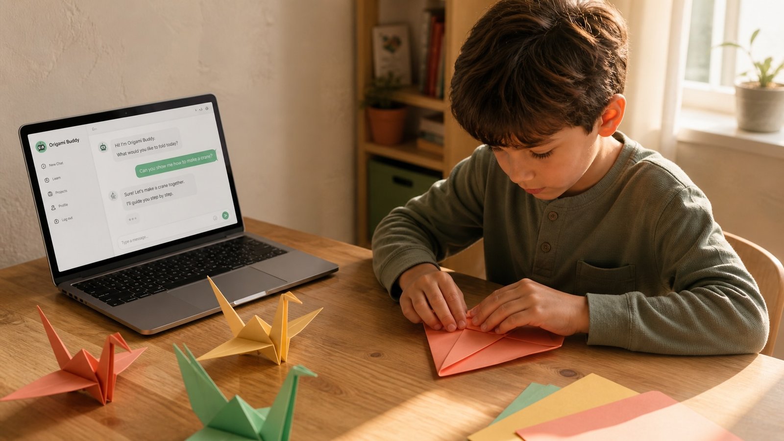 Boy folding origami beside a laptop chat window, illustrating how to teach 8 year old to use AI safely at home.
