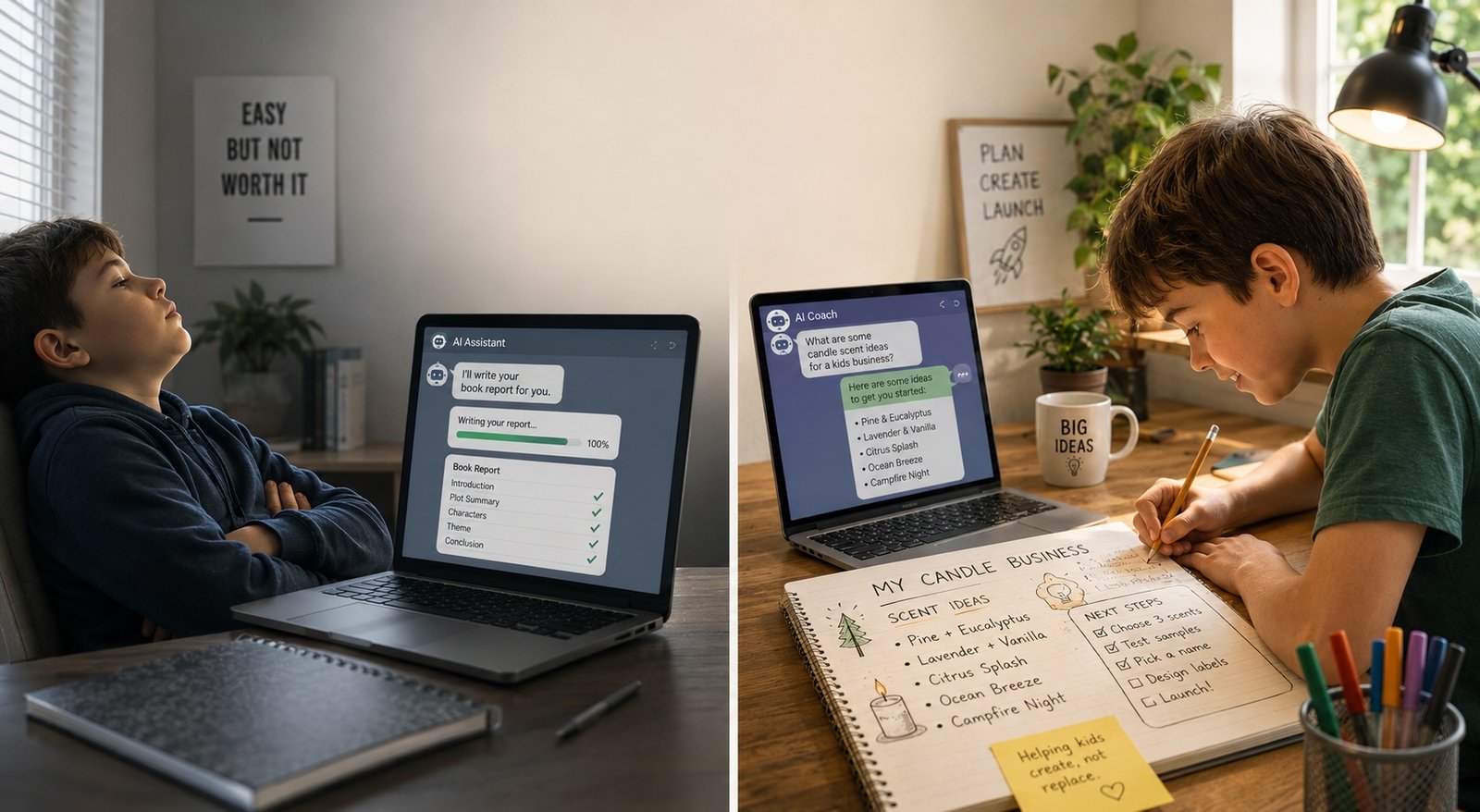 Split-screen illustration showing the difference between a kid outsourcing homework and teaching kids to work with AI as a collaborator.