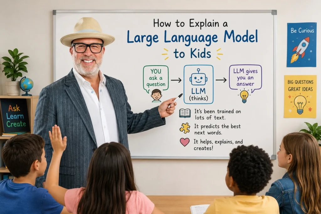 Andrew Livingston teaching kids how to understand large language models using a simple classroom whiteboard diagram.