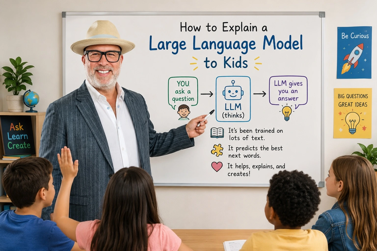 Andrew Livingston teaching kids how to understand large language models using a simple classroom whiteboard diagram.